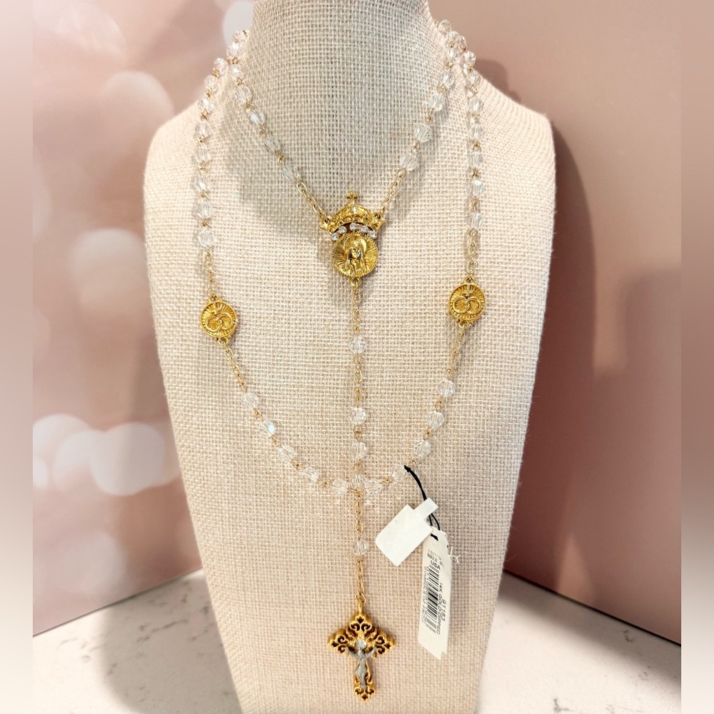 Symbols Of Faith Gold Crystal Two Rings And Crucifix Medallion Wedding Rosary 20